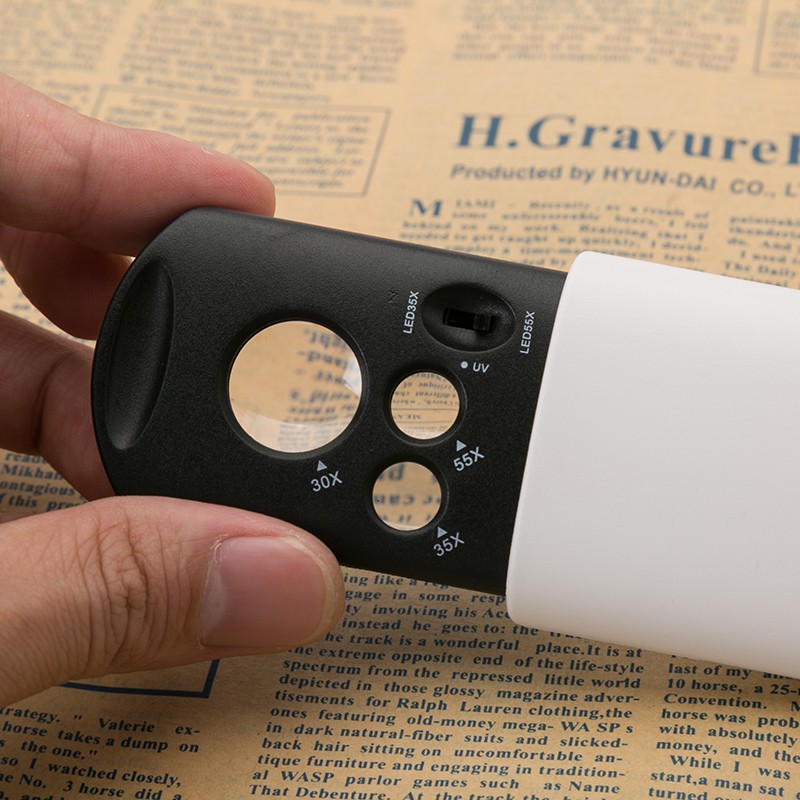 New design pocket magnifer 25x/30x/55x portable magnifying glass with led light and UV
